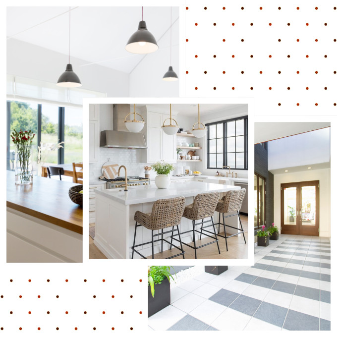 Modern kitchen interior with pendant lights, bar stools, and large windows providing ample natural light.