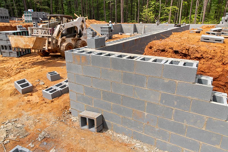 Construction site with partially completed CMU foundation