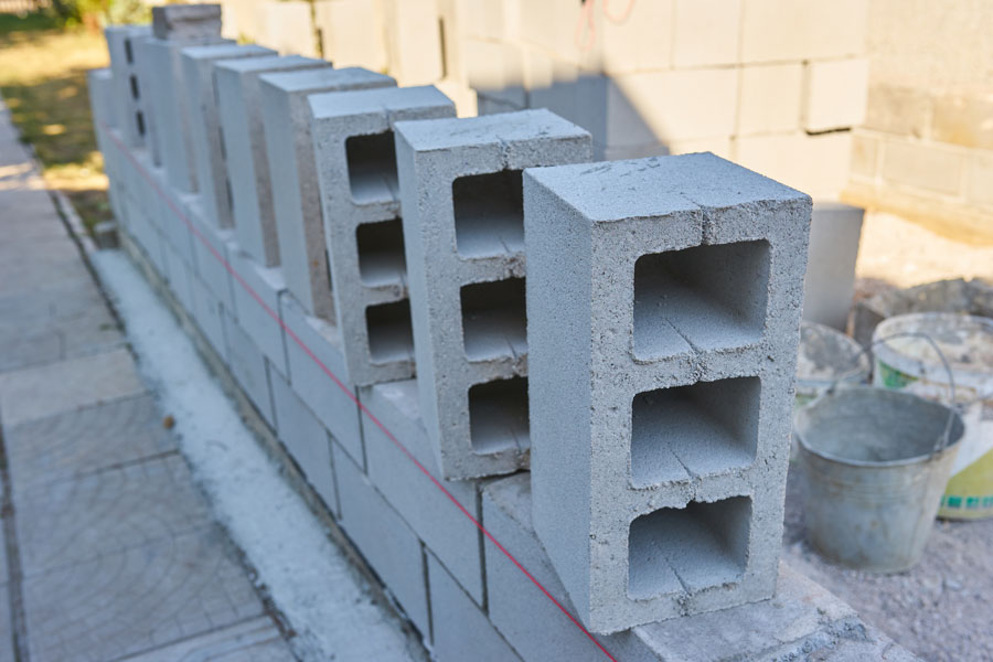 Row of gray concrete blocks with a red string line for alignment