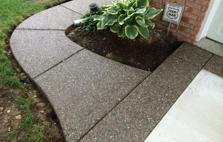 Curved walkway made of speckled paving stones leading to a white concrete slab entrance, bordered by a garden bed with mulch and green plants