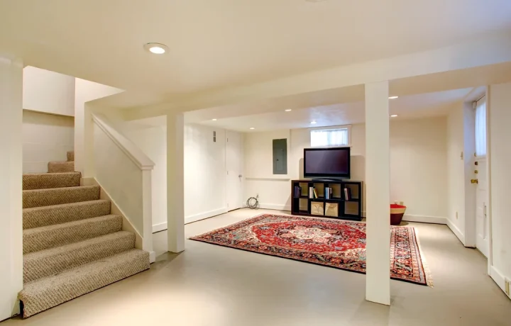 Finished basement with white walls, recessed lighting, and a seating area with a television in Ontario