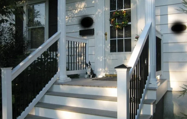 Front entrance of a house with white siding, white staircase, and a small black and white cat sitting on the porch